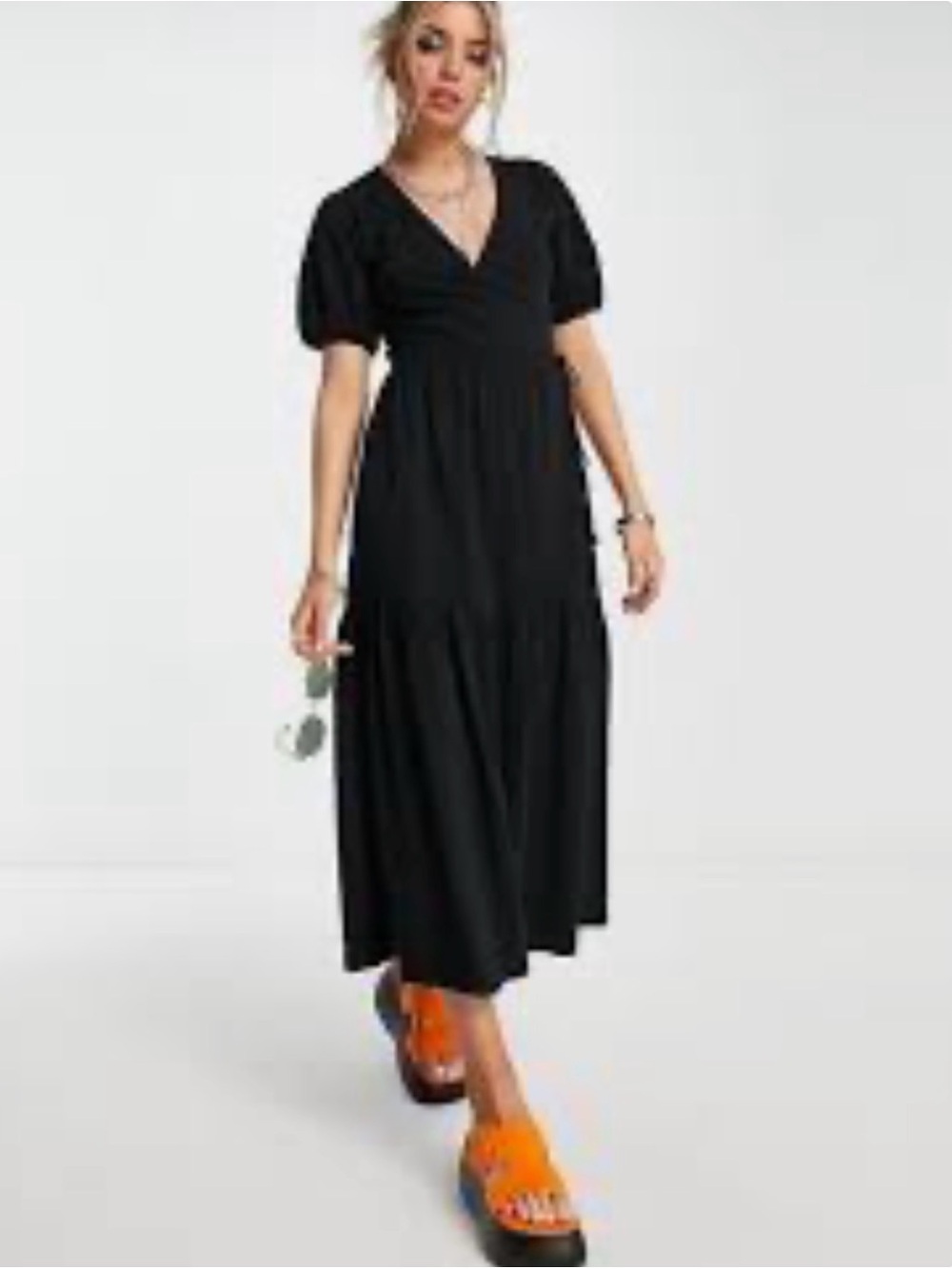ASOS Black V-Neck Midi Dress with Puff Sleeves size 8